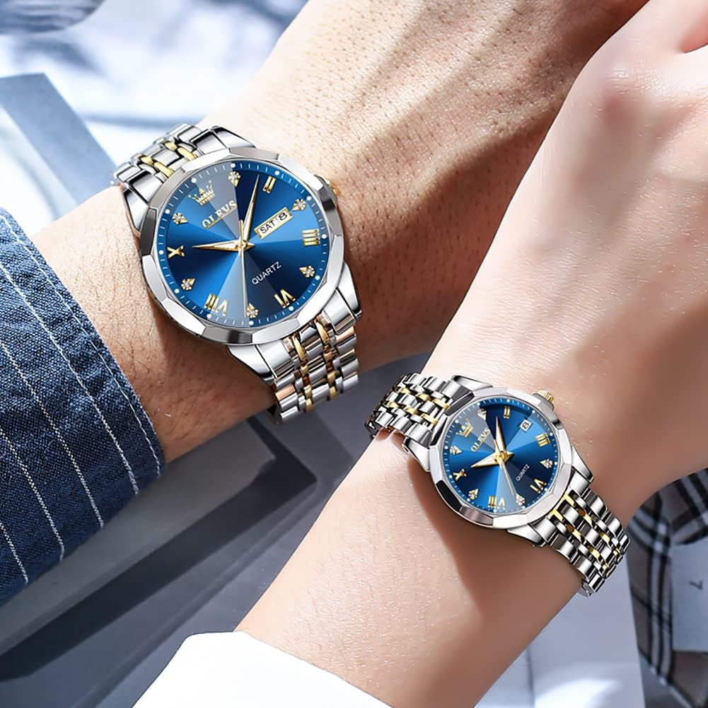 Couple Watch His and Her Set Watches Business Analog Quartz Men and Women Watches Stainless Steel Waterproof Luminous Date Wrist Watch