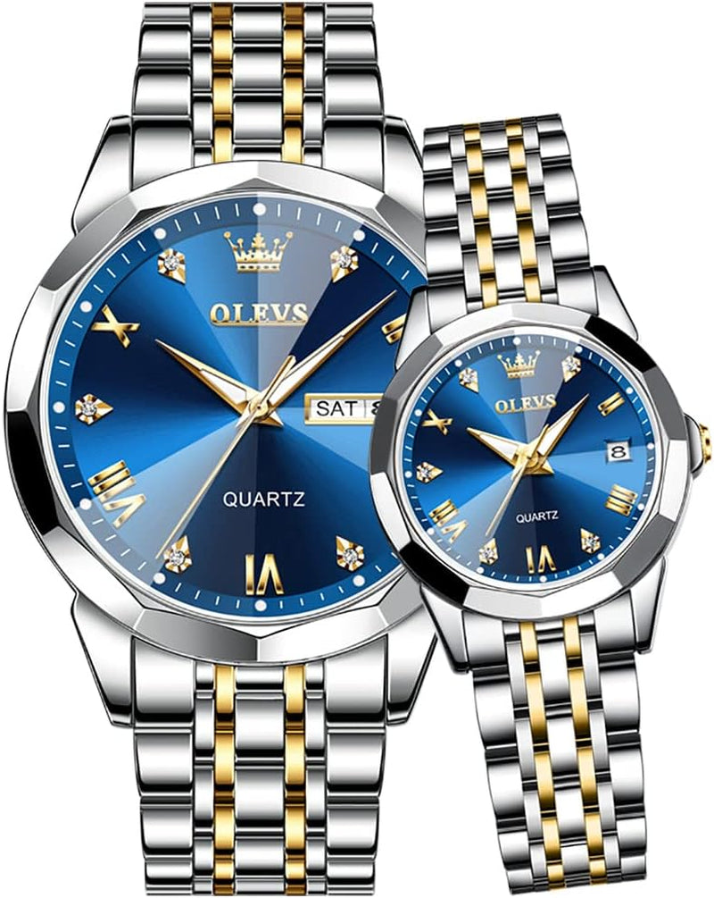 Couple Watch His and Her Set Watches Business Analog Quartz Men and Women Watches Stainless Steel Waterproof Luminous Date Wrist Watch