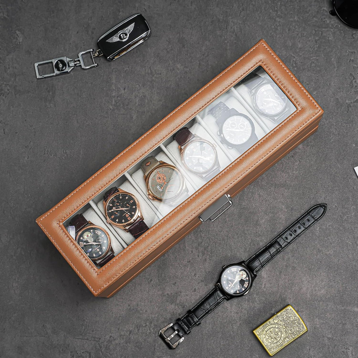 Watch Box, 6 Slot Watch Display Case with Drawer -Khaki