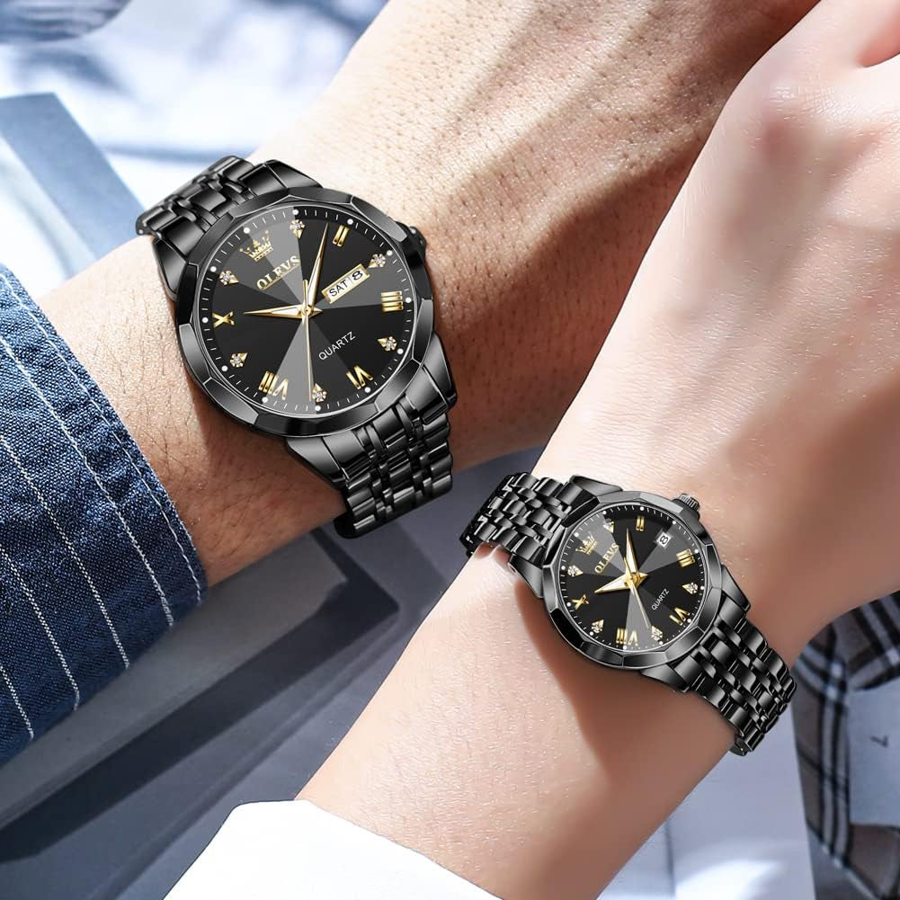 Couple Watch His and Her Set Watches Business Analog Quartz Men and Women Watches Stainless Steel Waterproof Luminous Date Wrist Watch