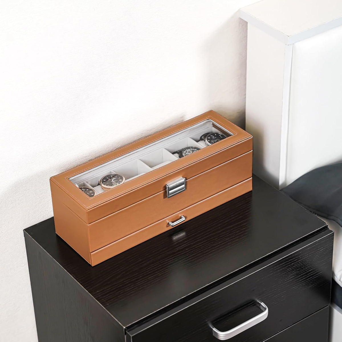 Watch Box, 6 Slot Watch Display Case with Drawer -Khaki
