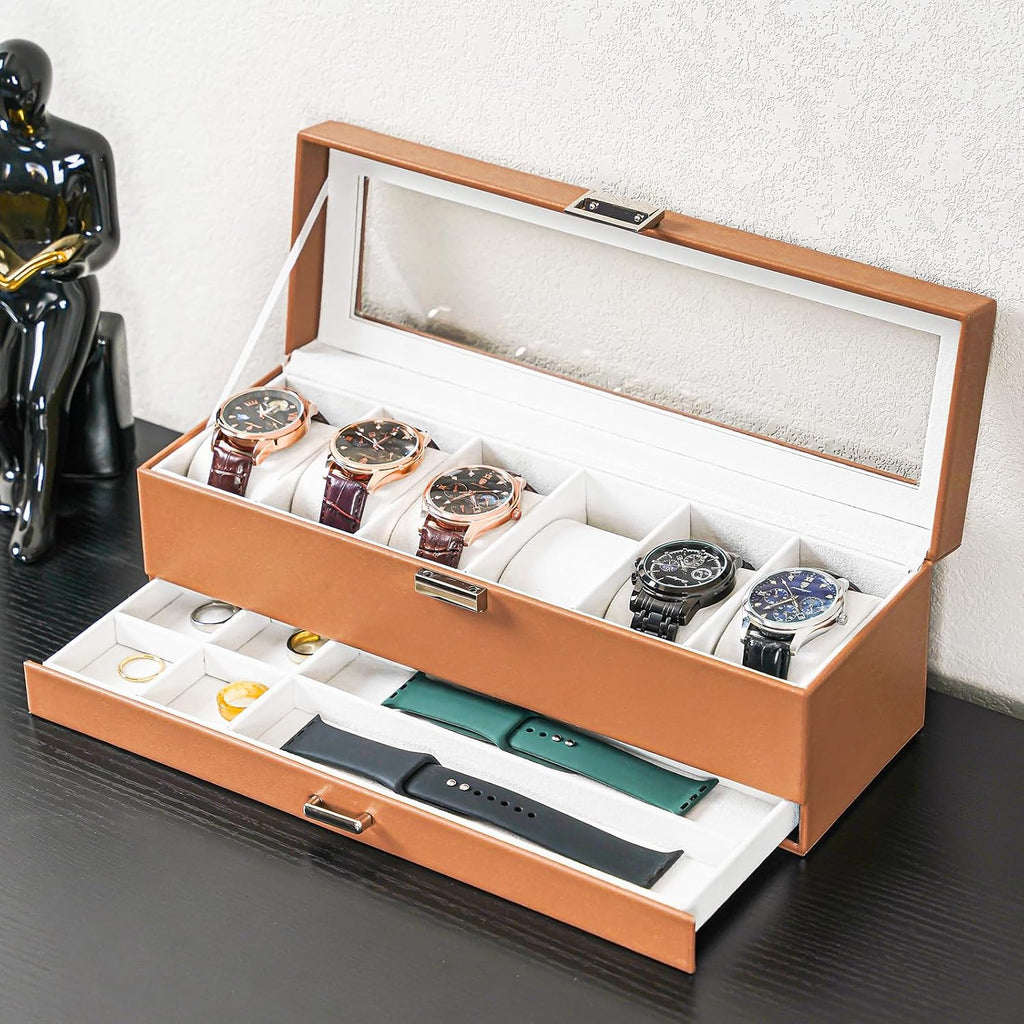 Watch Box, 6 Slot Watch Display Case with Drawer -Khaki