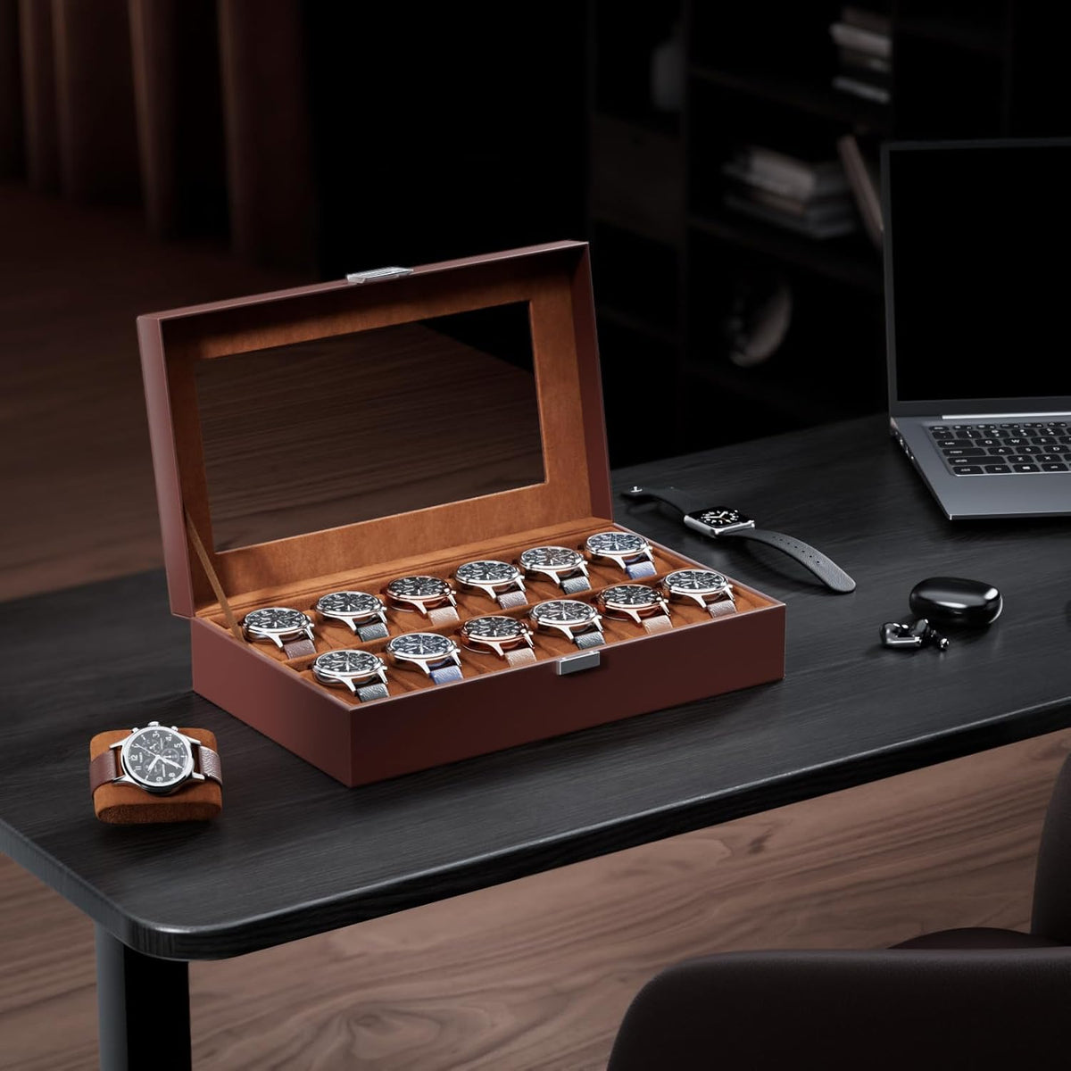 Watch Box Organizer, 12 Slot Watch Display Case, Brown