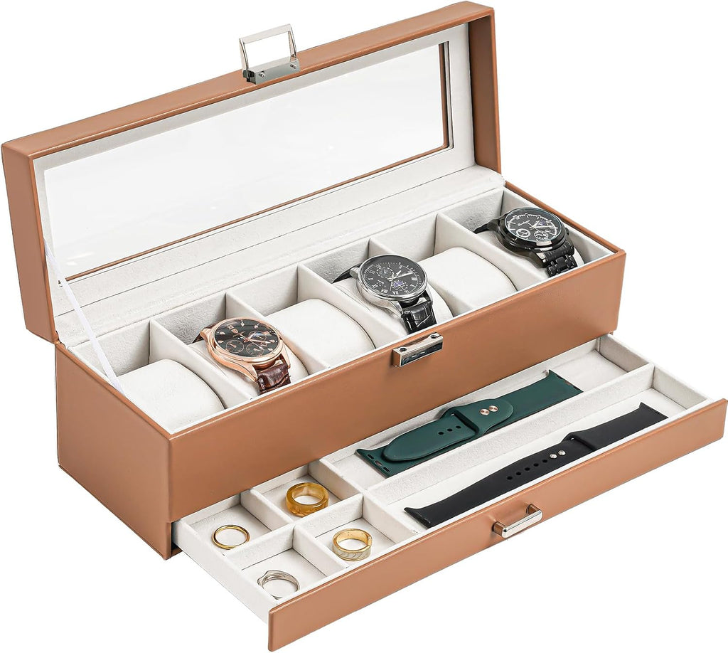 Watch Box, 6 Slot Watch Display Case with Drawer -Khaki