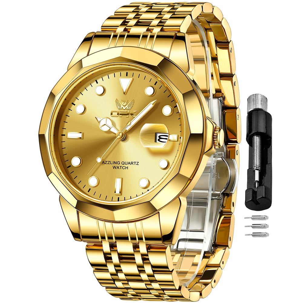 OPK Men Gold Watch Business Dress Large Analog Stainless Steel Watches for Men Day Waterproof Luminous Casual Mens Wrist Watches