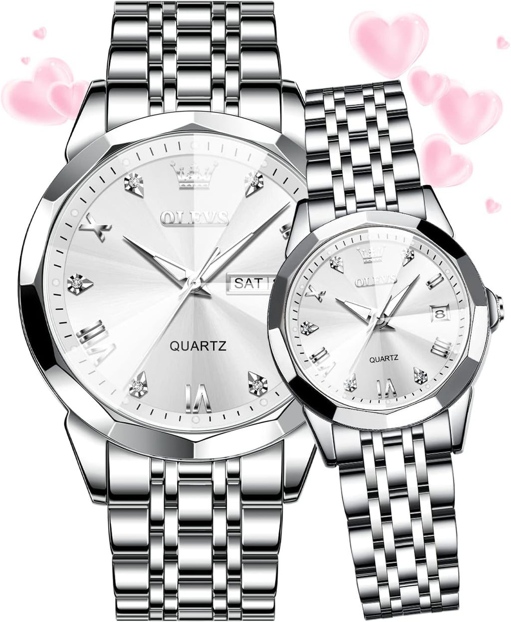 Couple Watch His and Her Set Watches Business Analog Quartz Men and Women Watches Stainless Steel Waterproof Luminous Date Wrist Watch