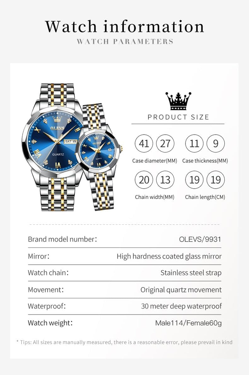 Couple Watch His and Her Set Watches Business Analog Quartz Men and Women Watches Stainless Steel Waterproof Luminous Date Wrist Watch