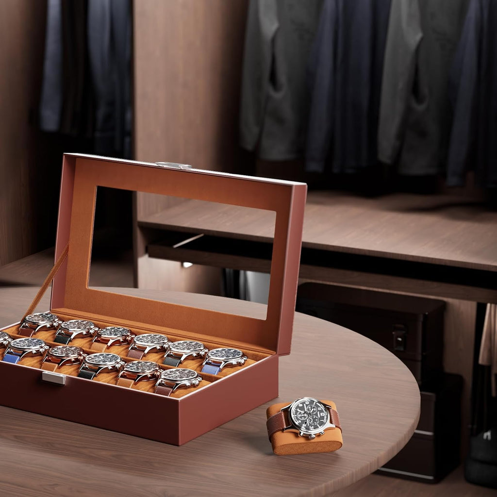 Watch Box Organizer, 12 Slot Watch Display Case, Brown