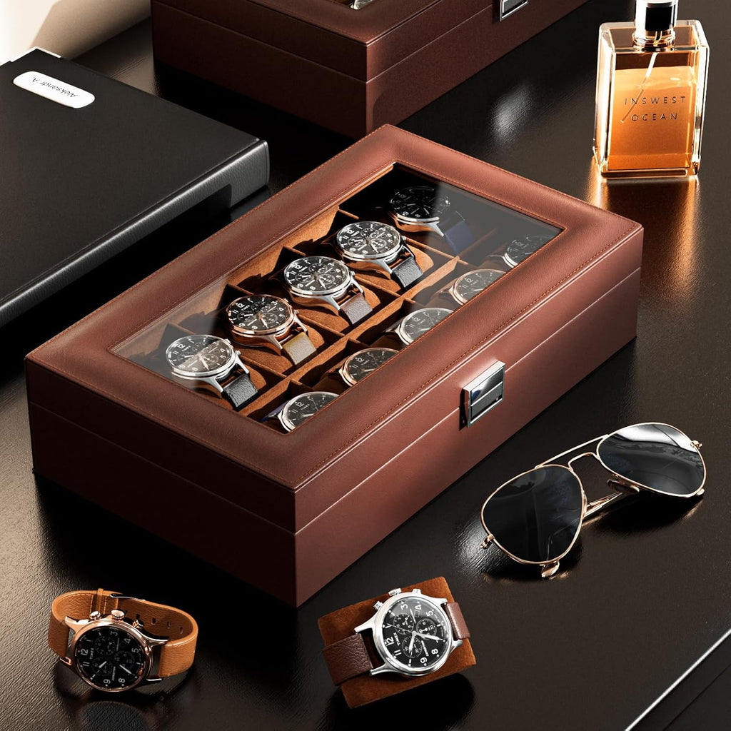 Watch Box Organizer, 12 Slot Watch Display Case, Brown