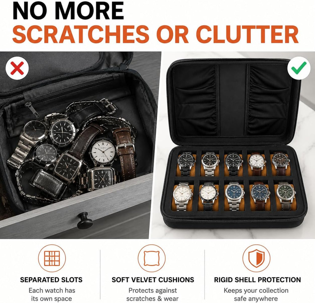 10 Slot Watch Case for Men Women, Portable Travel Watch Organizer