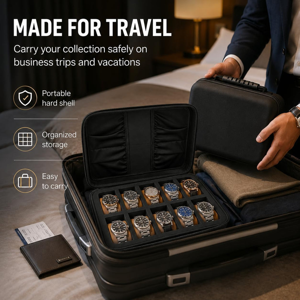 10 Slot Watch Case for Men Women, Portable Travel Watch Organizer
