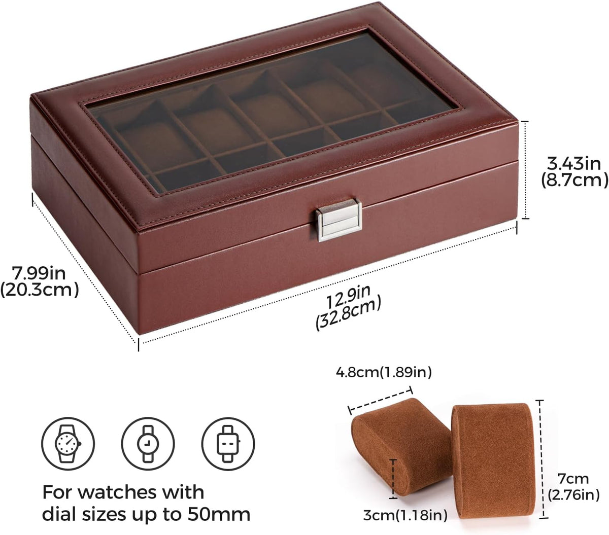Watch Box Organizer, 12 Slot Watch Display Case, Brown