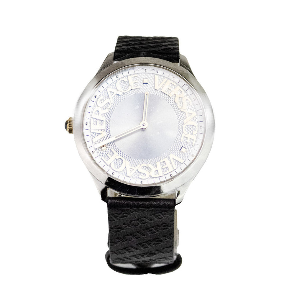 Versace 38mm Silver Logo Halo Dial Embossed Leather Watch