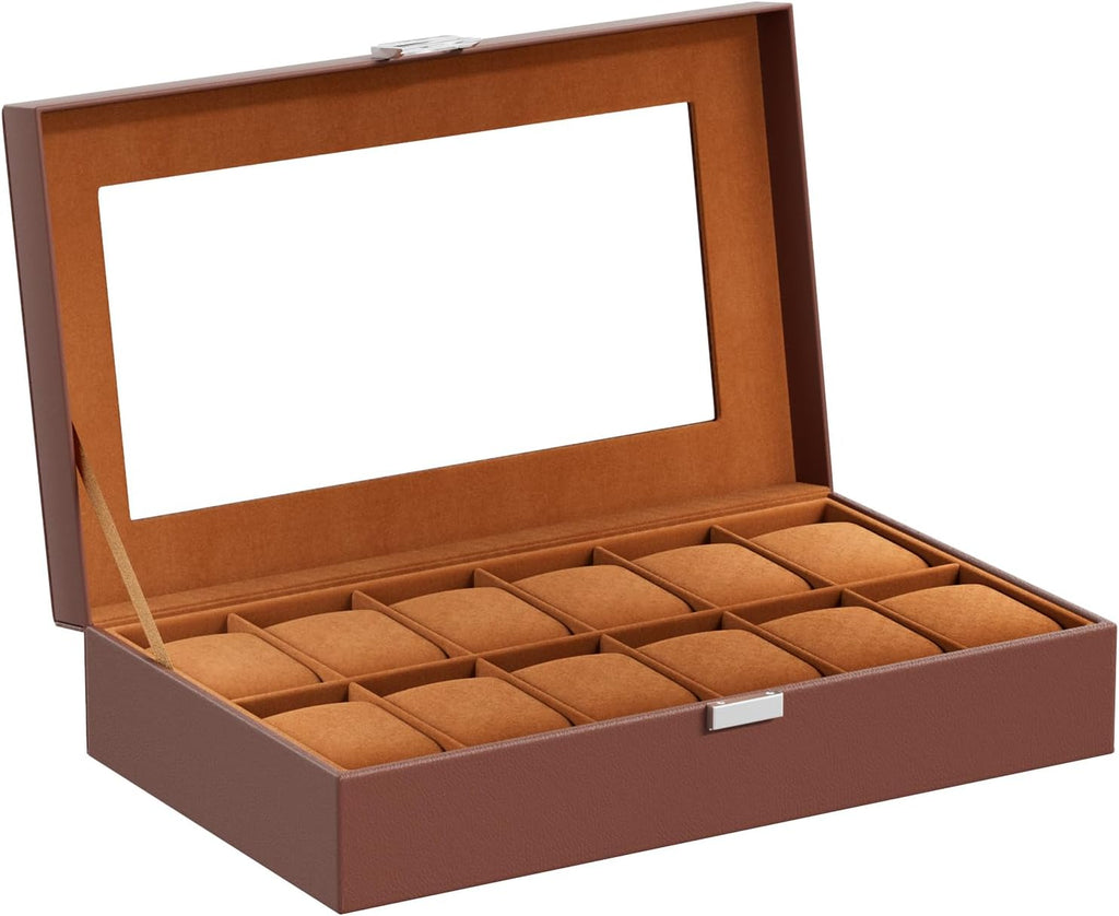 Watch Box Organizer, 12 Slot Watch Display Case, Brown