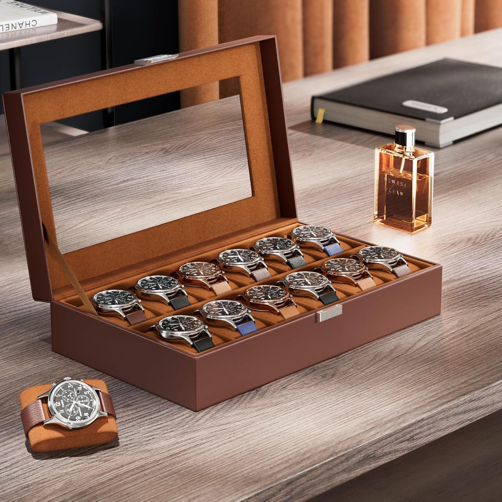 Watch Box Organizer, 12 Slot Watch Display Case, Brown