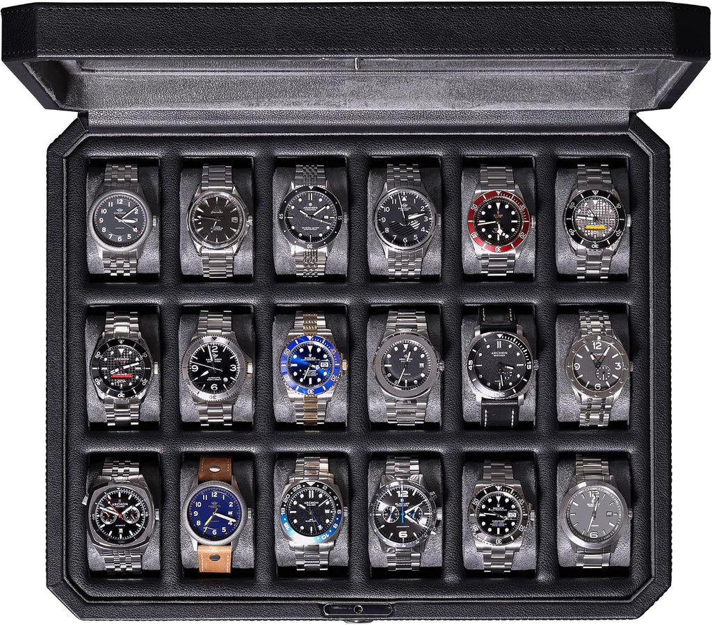 18-Slot Watch Case – Luxury Watch Box for Men, Real Glass Top, Lockable, Elegant Display for Collections (Black/Grey)