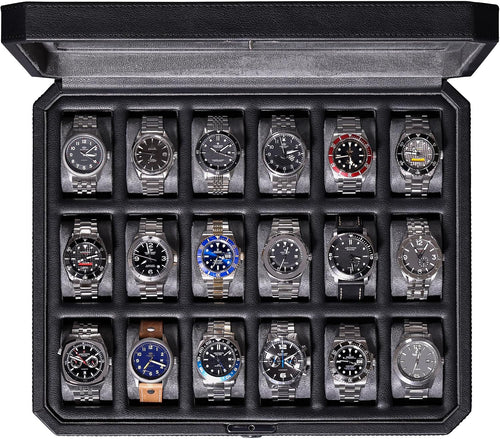 18-Slot Watch Case – Luxury Watch Box for Men, Real Glass Top, Lockable, Elegant Display for Collections (Black/Grey)