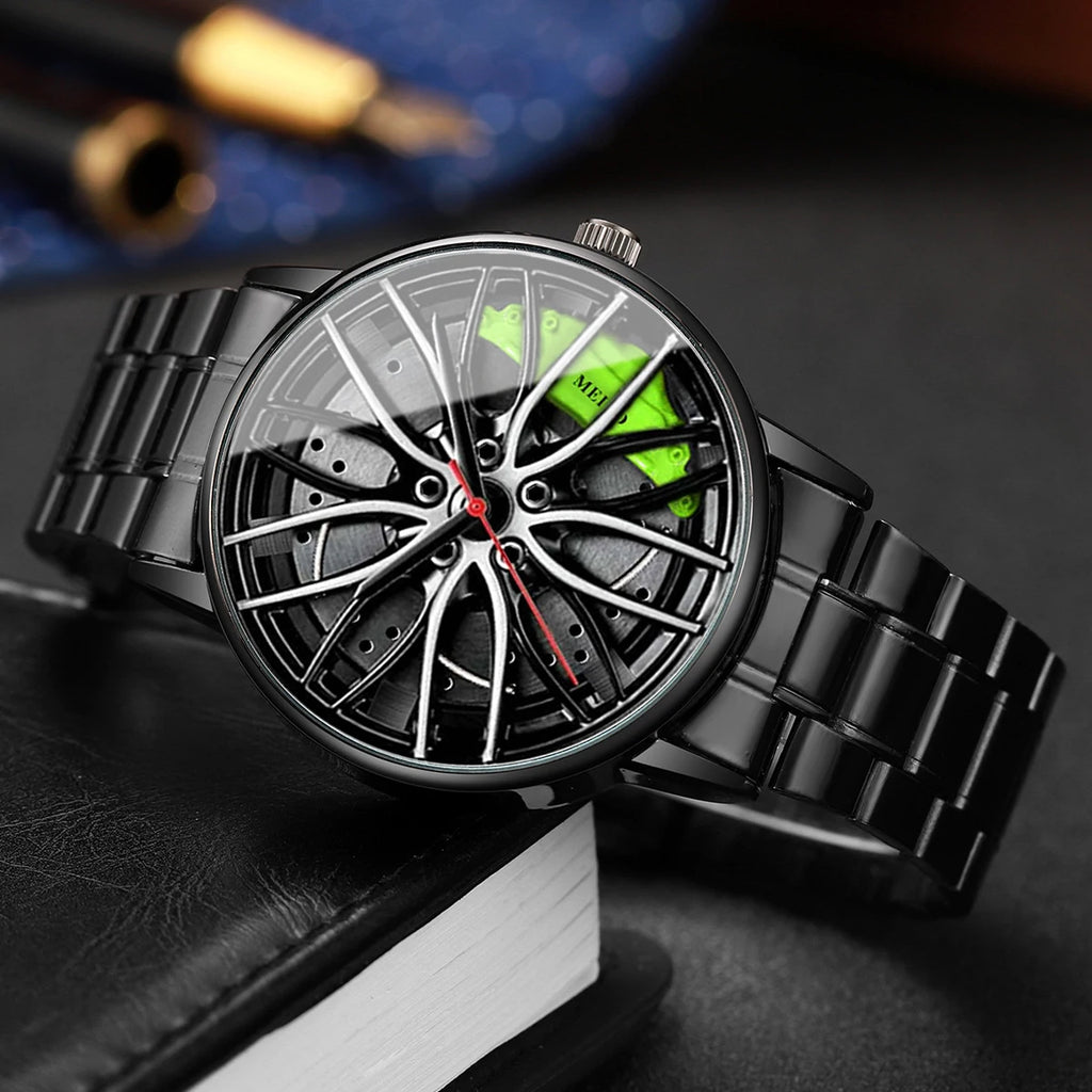 Fashion Men Sports Watches 3D Car Wheel Stainless Steel Band Wrist Watch Men'S Quartz Watch Men'S Watches