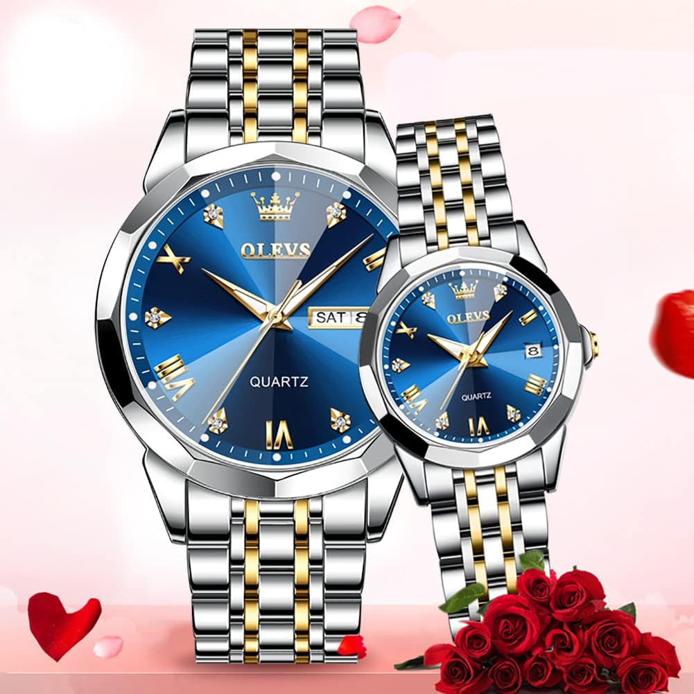 Couple Watch His and Her Set Watches Business Analog Quartz Men and Women Watches Stainless Steel Waterproof Luminous Date Wrist Watch