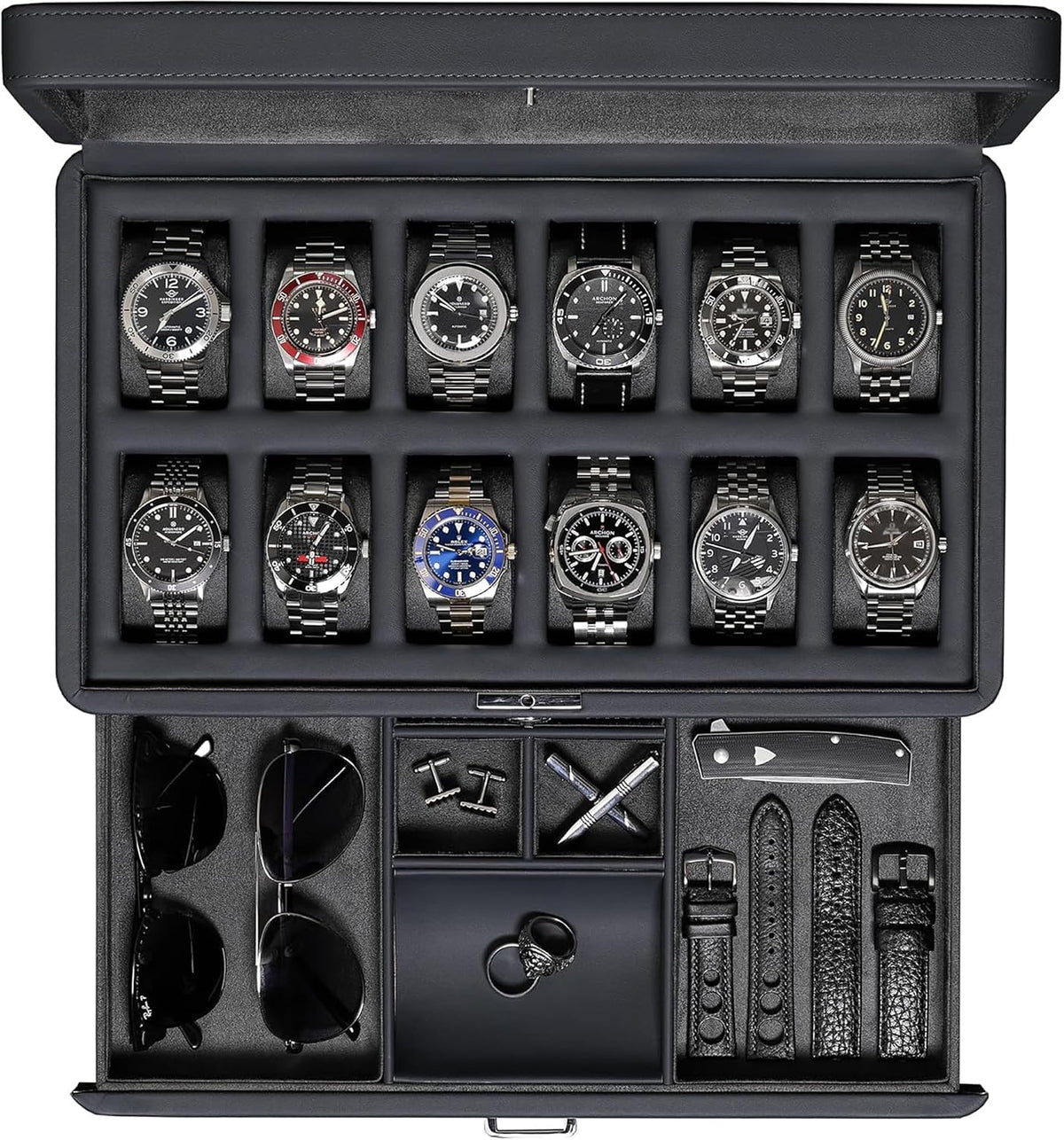 Luxury Watch Box for 12 Watches – PU Leather Watch Box with Real Glass Lid – Slide Out Accessory Drawer with Multiple Compartments (Carbon)