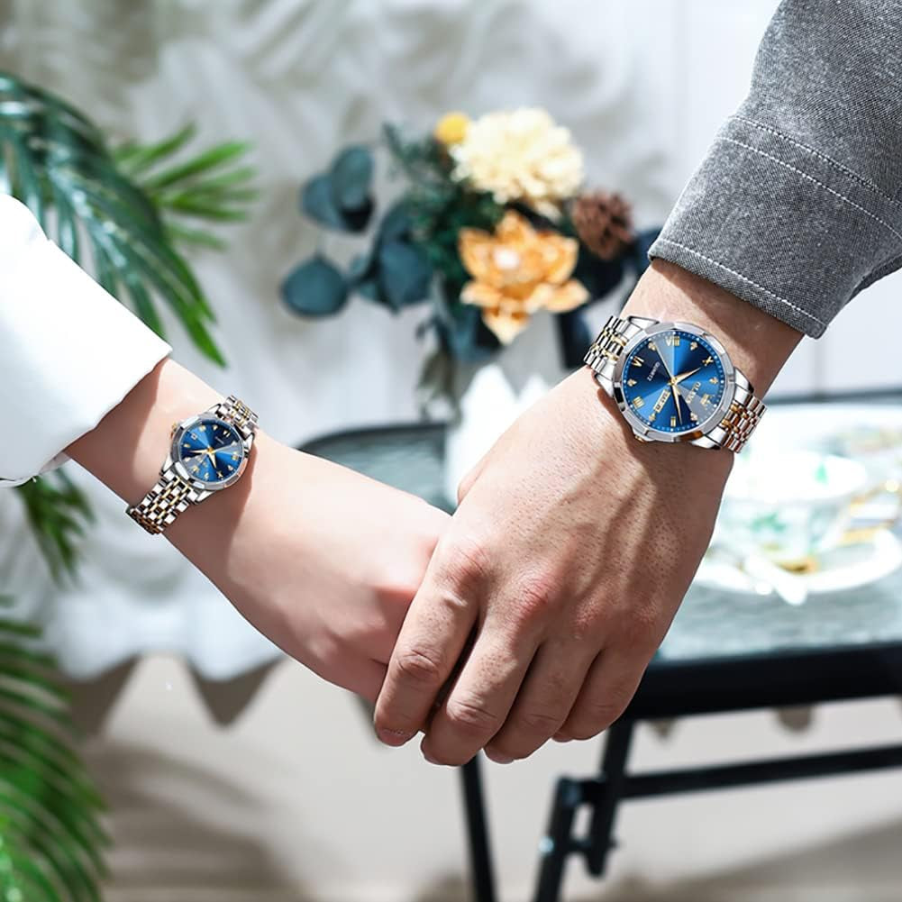 Couple Watch His and Her Set Watches Business Analog Quartz Men and Women Watches Stainless Steel Waterproof Luminous Date Wrist Watch