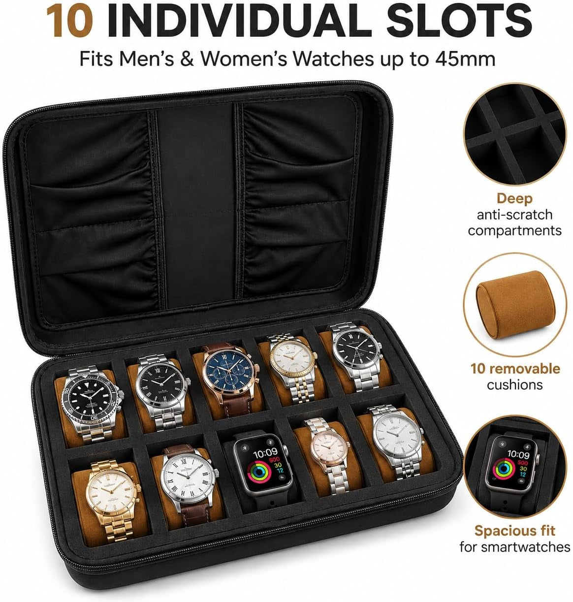 10 Slot Watch Case for Men Women, Portable Travel Watch Organizer