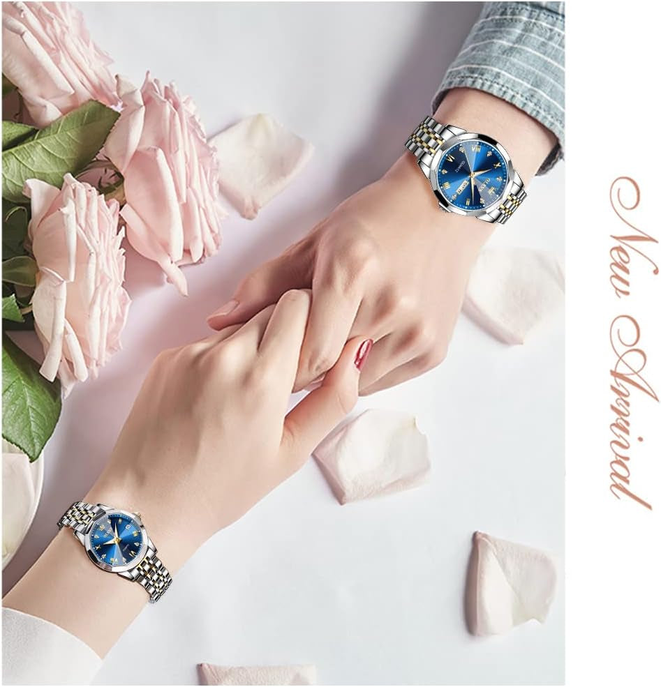 Couple Watch His and Her Set Watches Business Analog Quartz Men and Women Watches Stainless Steel Waterproof Luminous Date Wrist Watch