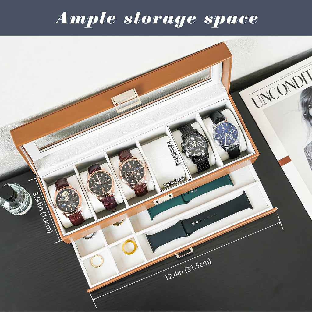 Watch Box, 6 Slot Watch Display Case with Drawer -Khaki