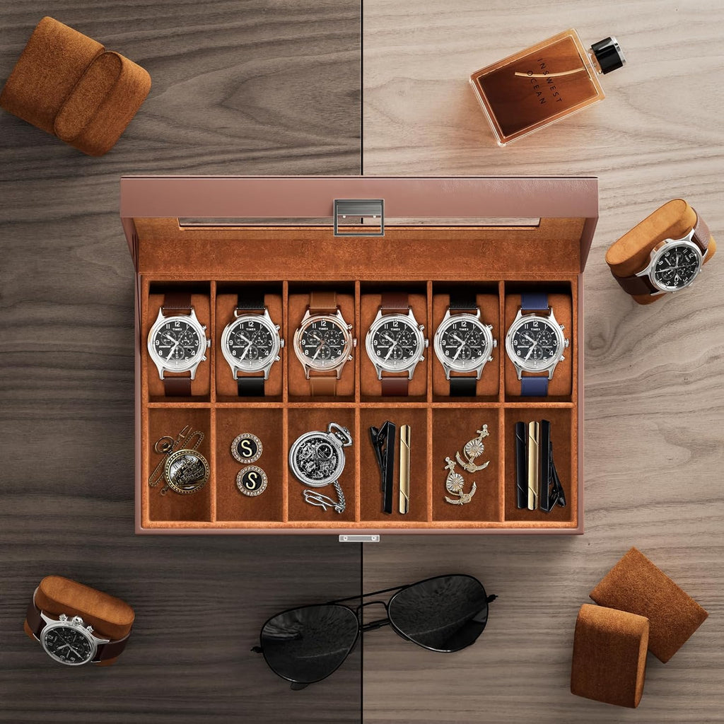 Watch Box Organizer, 12 Slot Watch Display Case, Brown