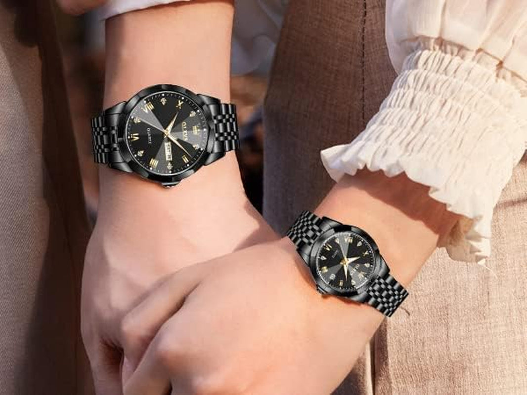 Couple Watch His and Her Set Watches Business Analog Quartz Men and Women Watches Stainless Steel Waterproof Luminous Date Wrist Watch
