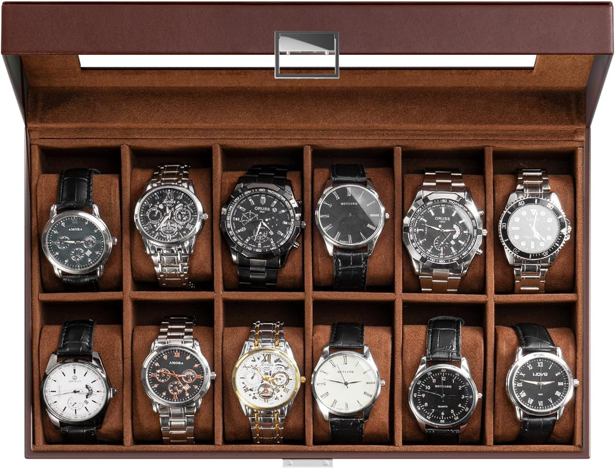 Watch Box Organizer, 12 Slot Watch Display Case, Brown